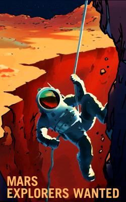 Mars Explorers water poster showing astronaut climbing on Mars cliff with rope