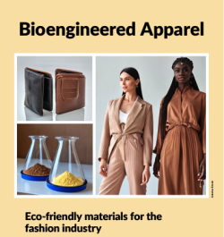 The "Bioengineered Apparel" card from the new set of Tech Token cards, shows three images: two leather/synthetic leather wallets, two beaks with brown and gold powder inside, and two women wearing similar shades of browns and gold