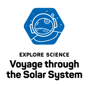 Explore Science Voyage through the solar system logo within icon of planets reflected in astronaut helmet