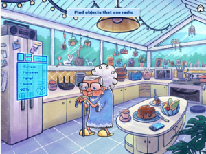 A screenshot of an app scene in Grandma's kitchen for the app Whispers in the Wind