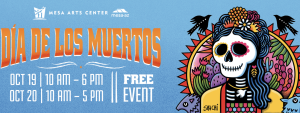 Light blue background with Dia de los Muertos in large yellow and red letters. A colorful skeleton woman appears in a circle at the right.