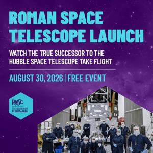 An ad featuring big blue font on a purple background that says "Roman Space Telescope Launce" with the RMSC logo in blue at the bottom.
