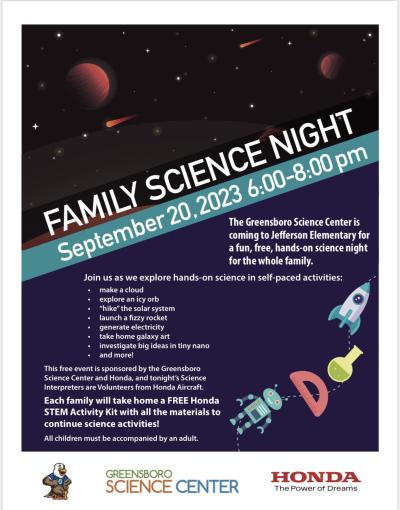 Greensboro Family Science Night September 2023 poster
