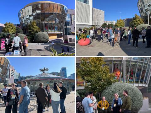 Grid of four photos from a NISE Network event at the LeRoy King Carousel in San Francisco. Attendees gather outside in small groups, talking and smiling, with the carousel’s glass façade and colorful portraits in the background.