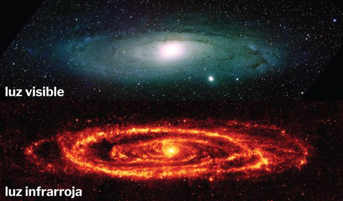 Andromeda Galaxy in visible and infrared light with Spanish titles