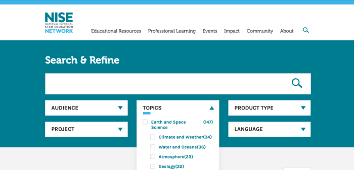 Screenshot of th enisenet.org website showing how to search by topic