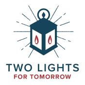 America 250 Two Lights for Tomorrow logo showing lamp with two lights
