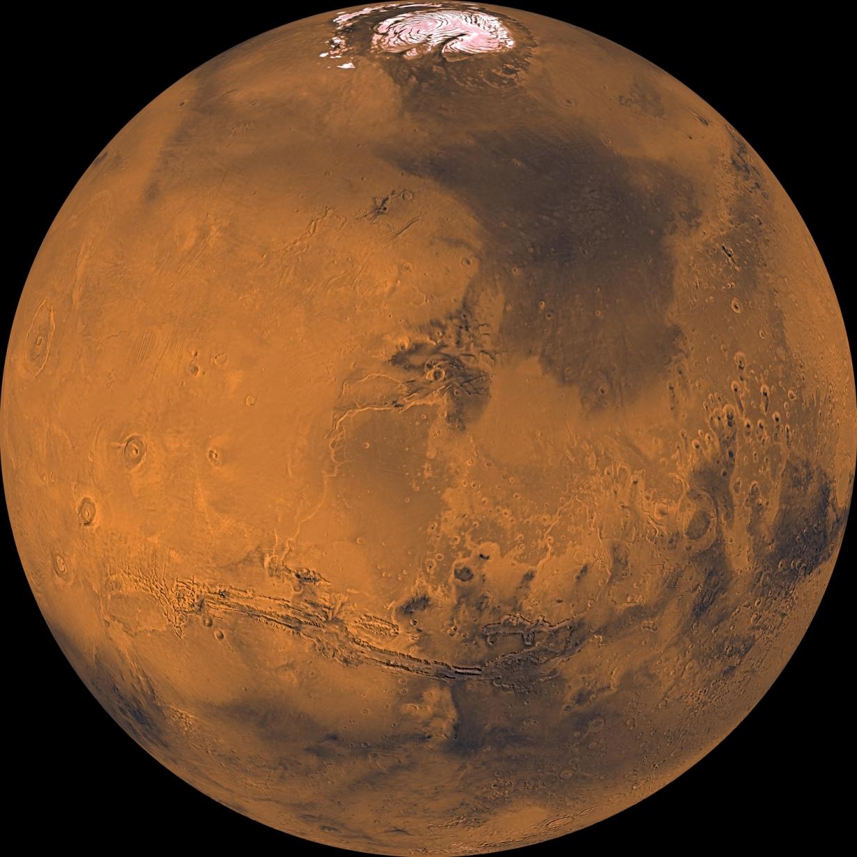 Mars planet About 1000 Viking Orbiter red- and violet-filter images have been processed to provide global color coverage of Mars at a scale of 1 km per pixel - credited to NASA JPL-Caltech USGS 