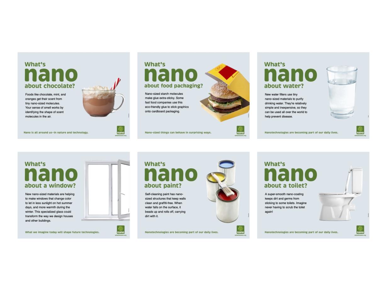 What is nano about museum labels thumbnails of signs featuring signs of hot-chocolate, hamburger, glass of water, a window, and a toilet
