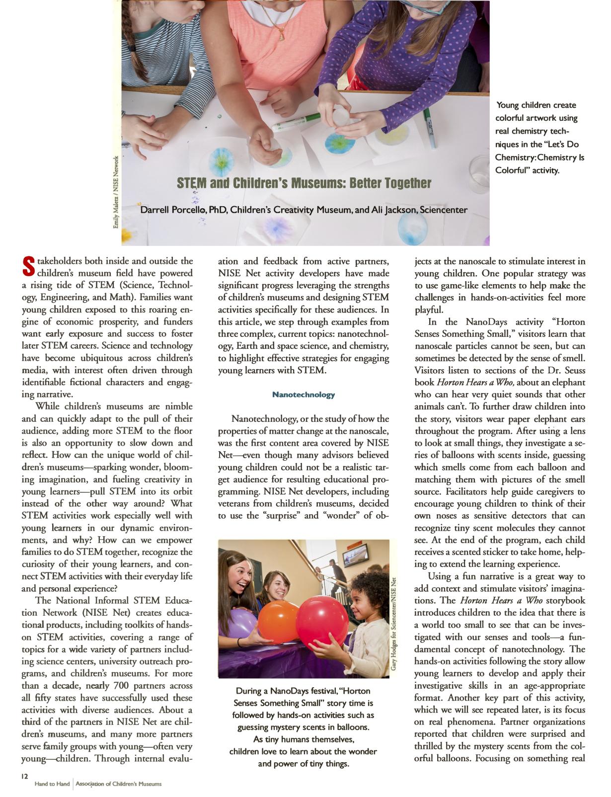Cover page of the ACM Hand to Hand publication article entitlted STEM and Children's Museums Better Together