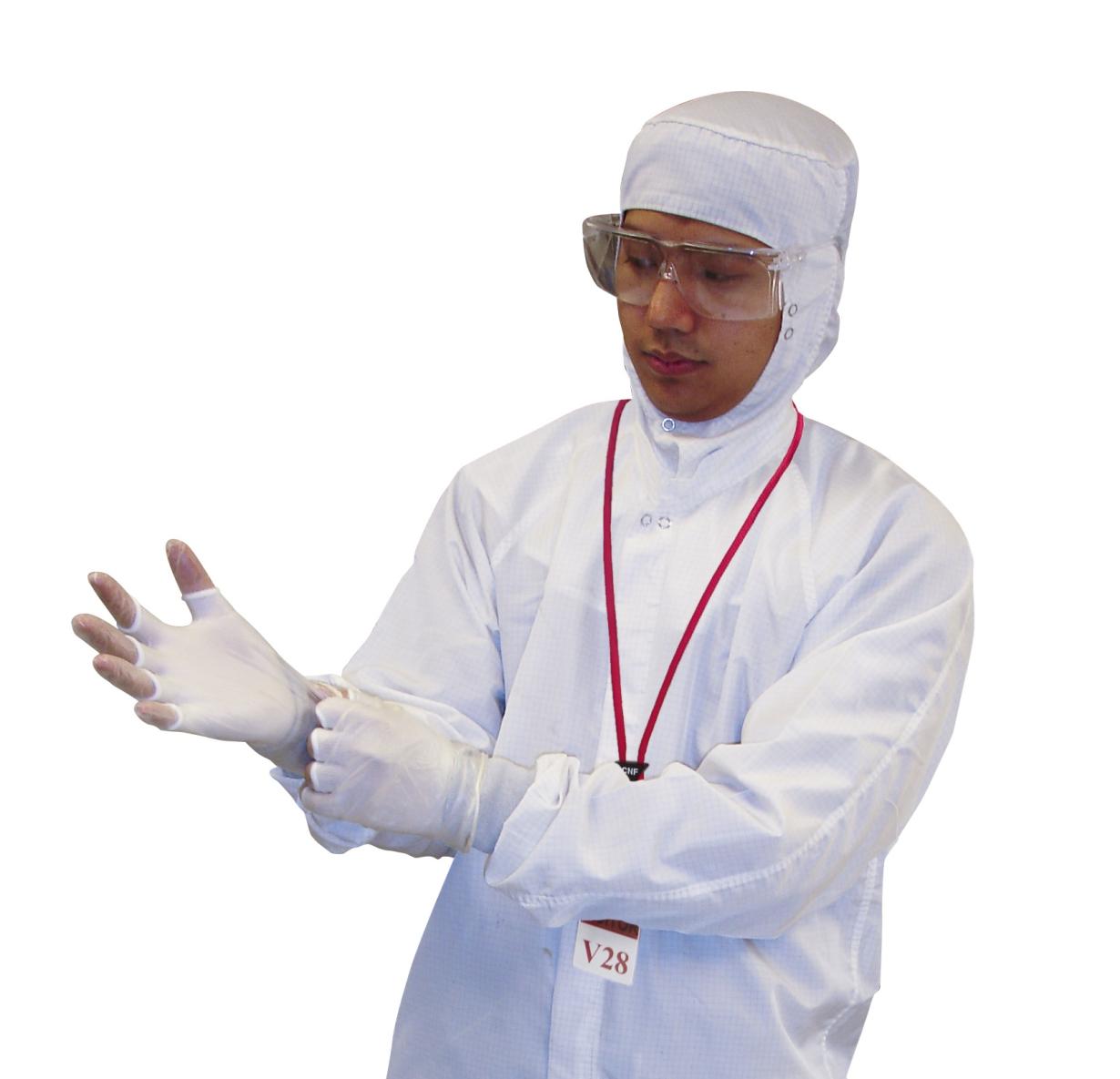 Person in full personal protective equipment puts on a white cleanroom suit