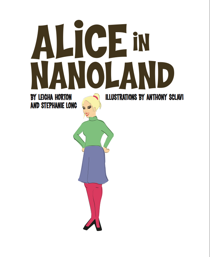 Cover to a book called Alice in Nanoland featuring a girl with blonde hair, a green shirt and purple skirt