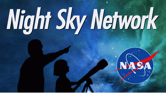 computer image of two sky observers with the Night Sky Network above them and NASA logo 