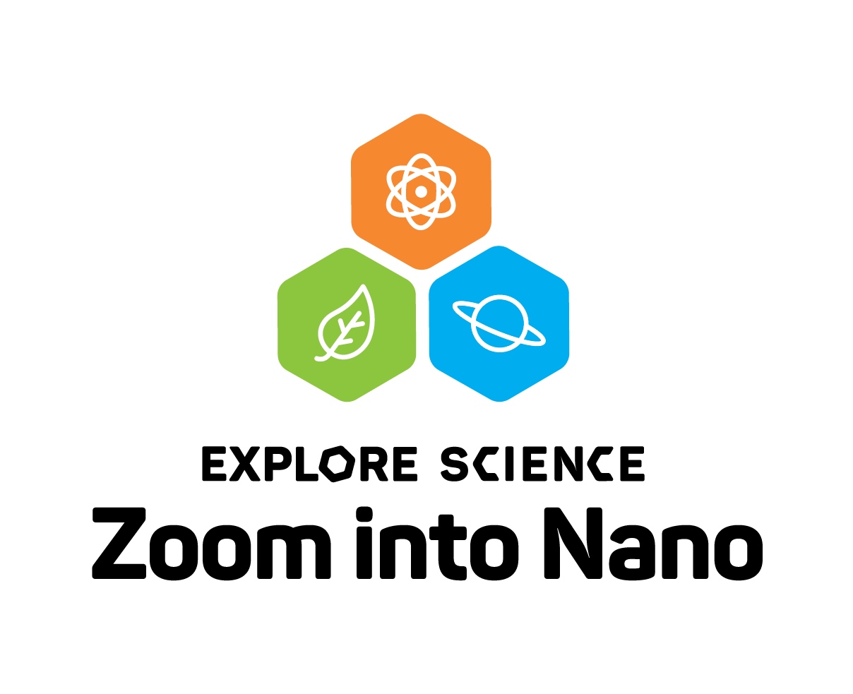 Explore science zoom into nano logo in full color with leaf, atom, and Saturn logo