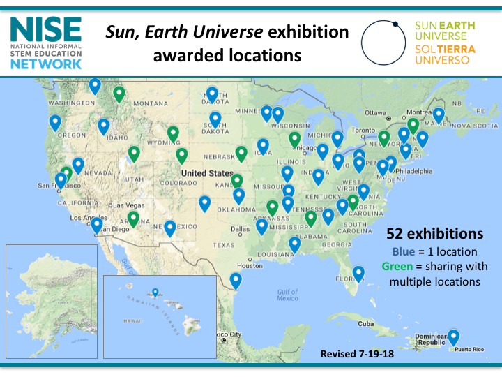 Map of awarded Sun, Earth, Universe exhibition awarded locations