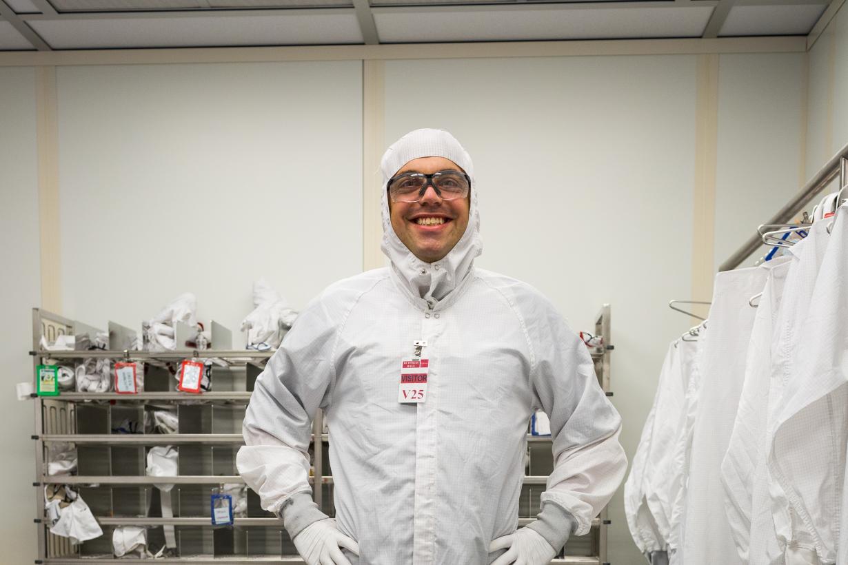 Person dressed in Clean Room bunny suit