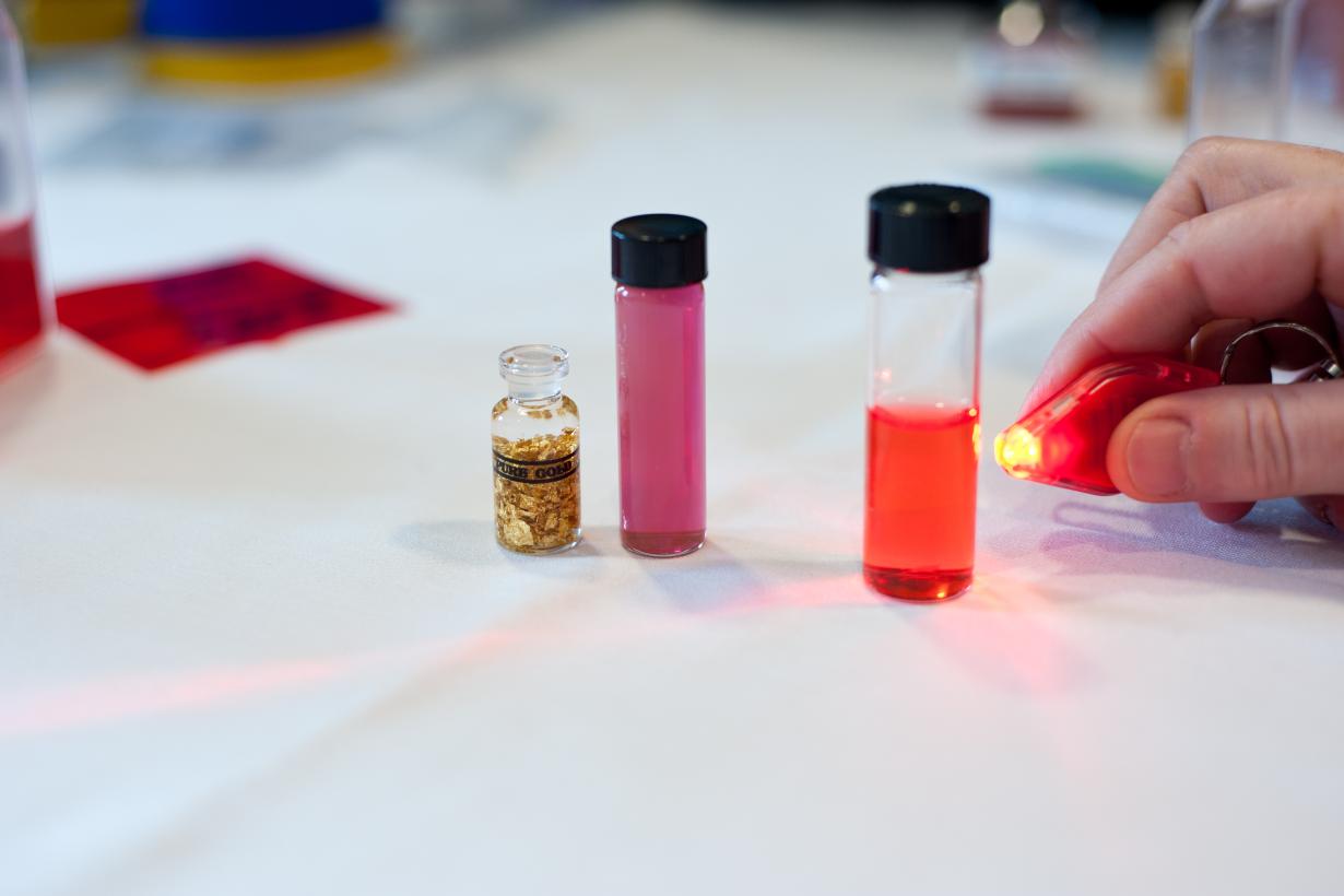 Vials showing nanoscale gold particles that appears red.