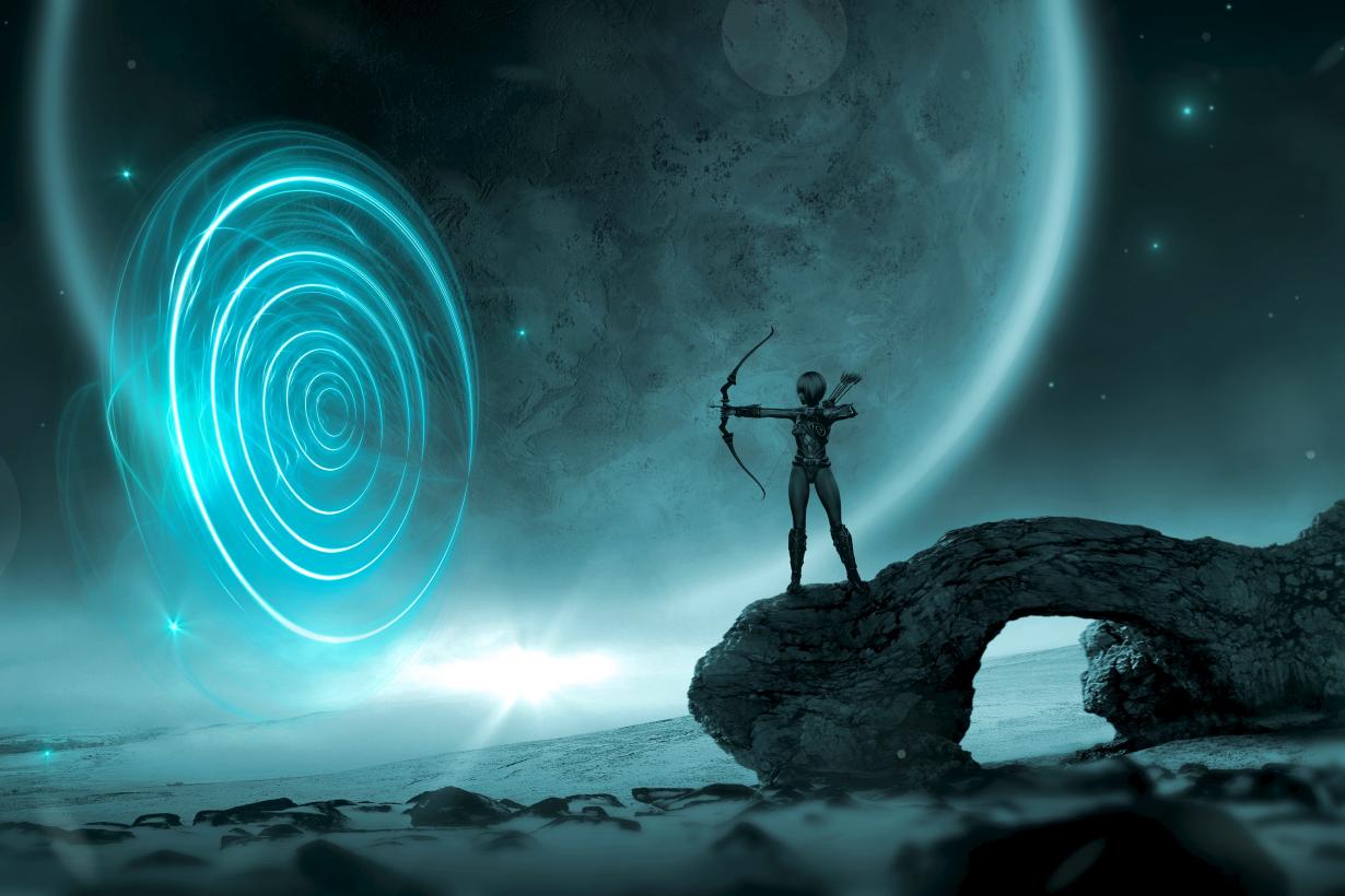 Science fiction art featuring archer figure on a rock shooting an arrow into space