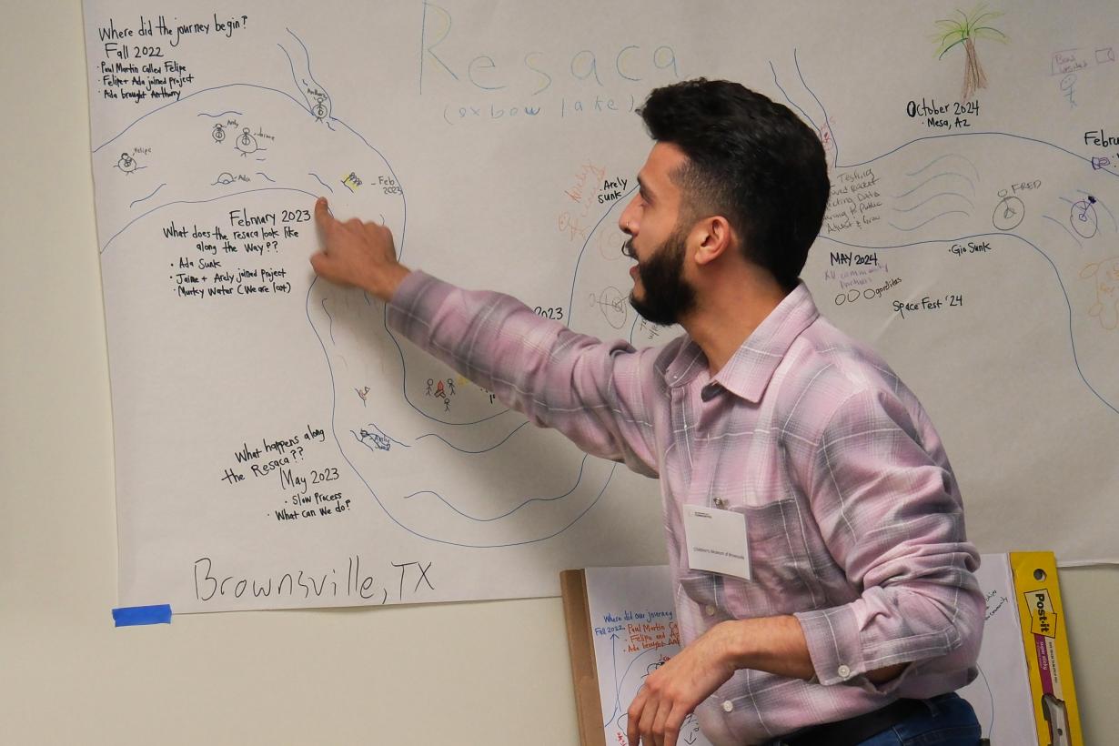 Professional pointing to a river drawing of a co-creation partnership journey 