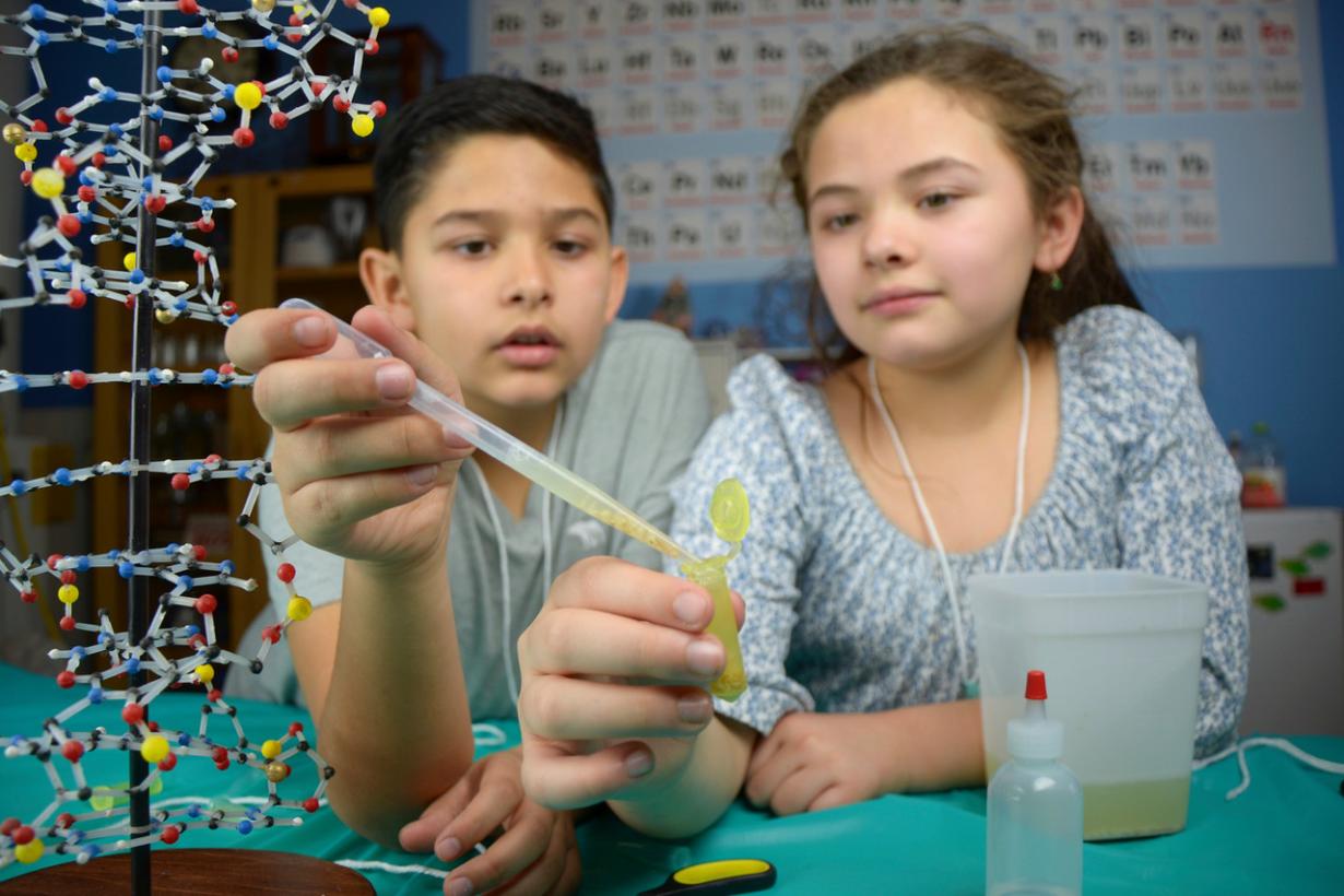 Two children extracting visible DNA from wheat germ in Building with Biology kit