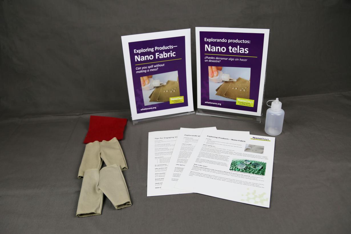 Exploring Products - Nano Fabrics acitivty components including signs, guides, and mini pants coated with nano materials