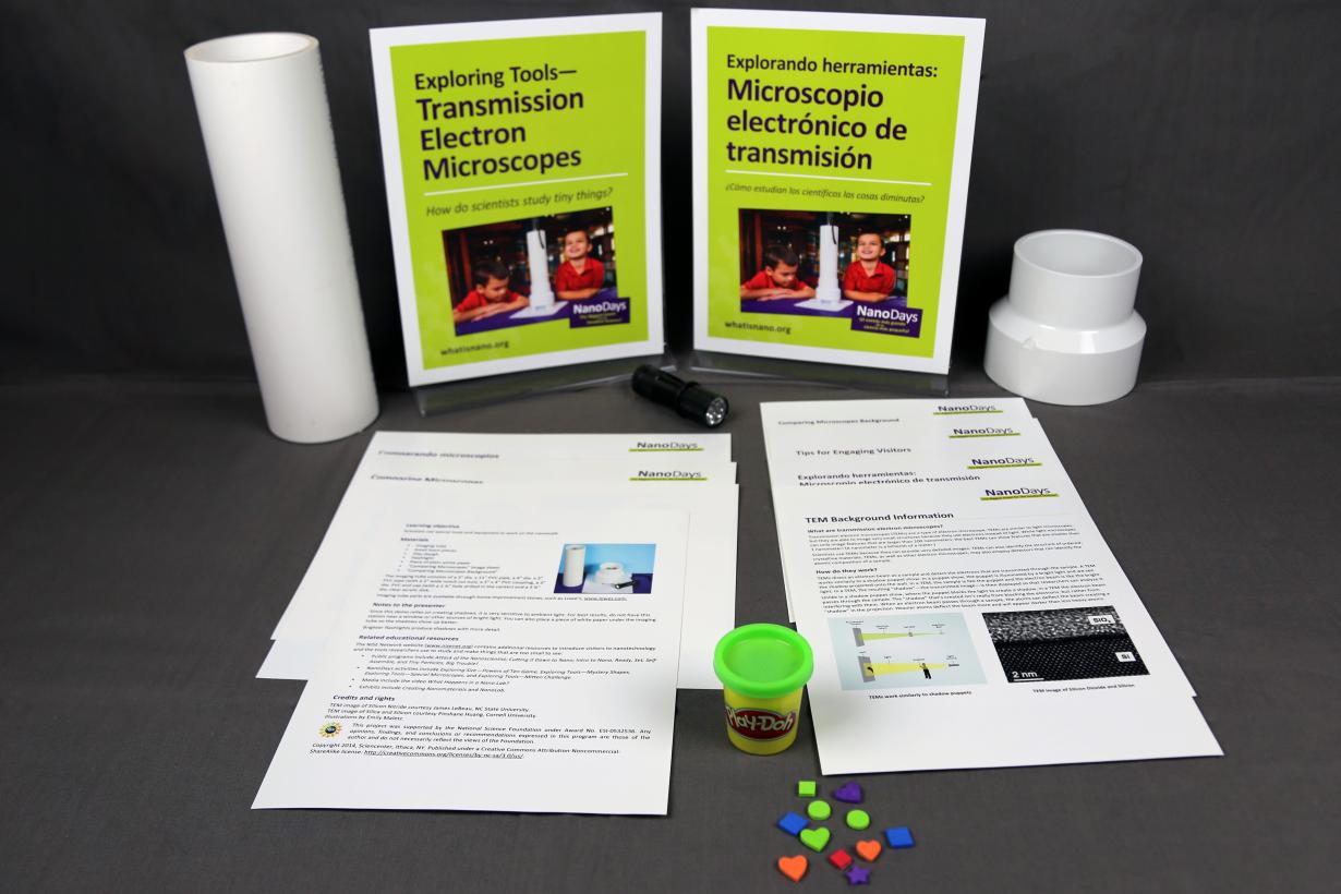 Exploring Tools - Transmission Electron Microscopes activity components including signs, activity materials and guides.