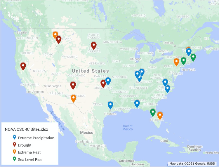 NOAA CSCRC map of stipend awards 2021 showing color coded locations on US map for extreme precipitation, drought, heat, and seal level rise 