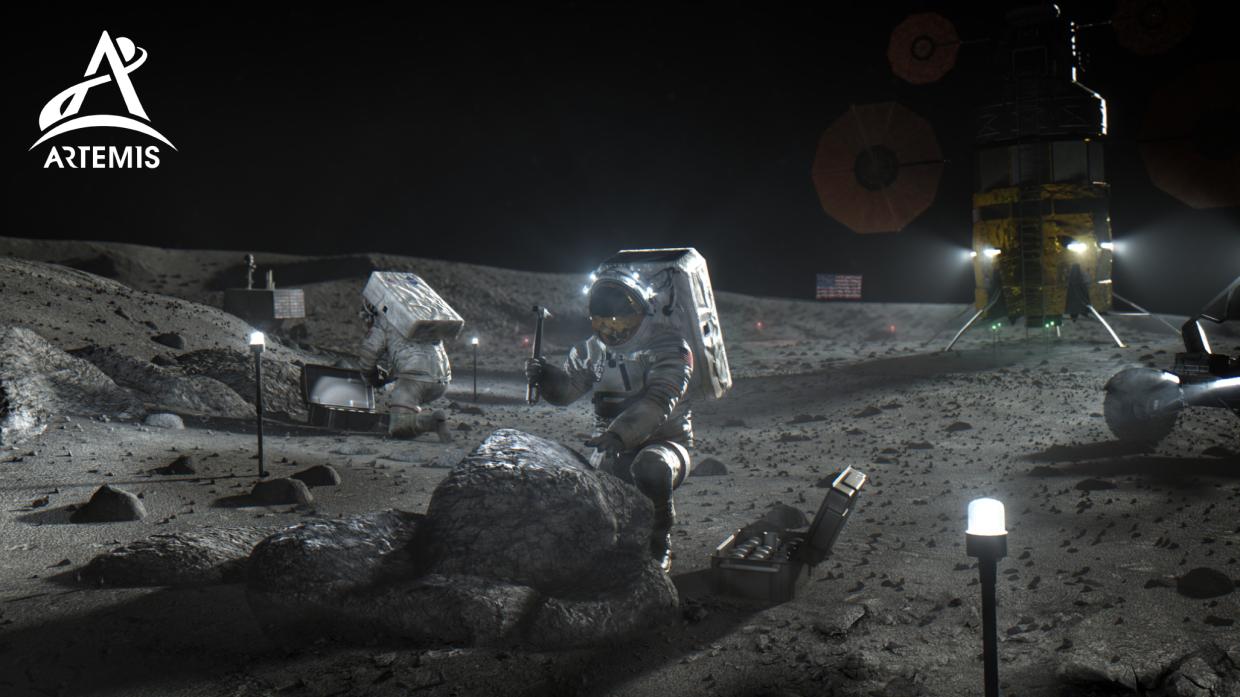 artistic depiction of astronauts on the Moon for the Artemis mission
