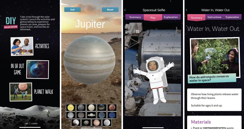 A series of screenshot of the DIY Solar System app on a phone