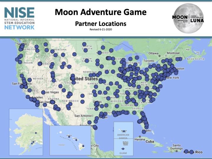 United States map of Moon Adventure Game locations distributed in 2020