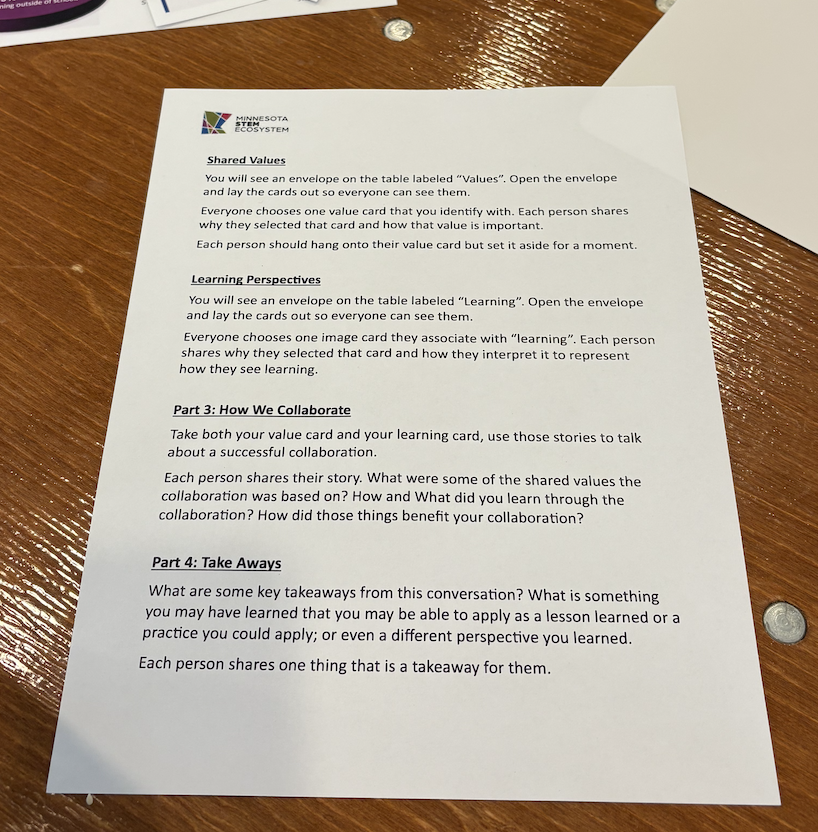 A 8x11 white page lays on a table, there are four sections of instruction for an activity in small print.