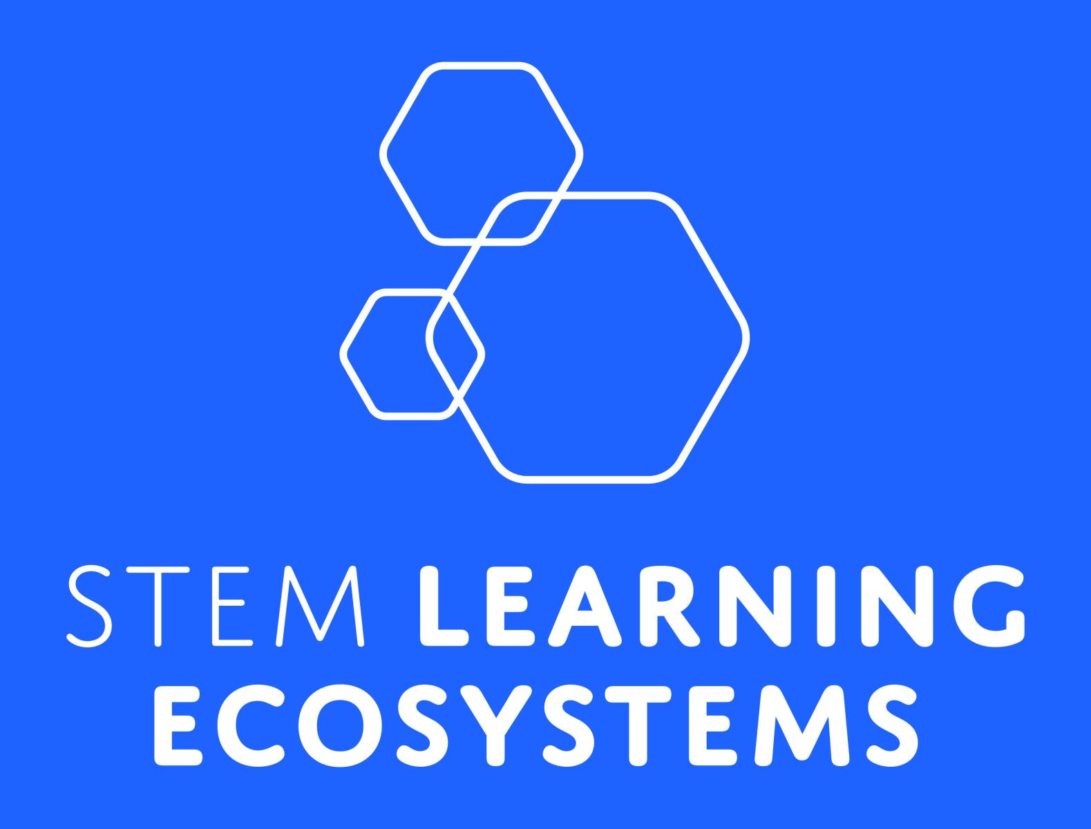 STEM Ecosystems logo vertical white on blue