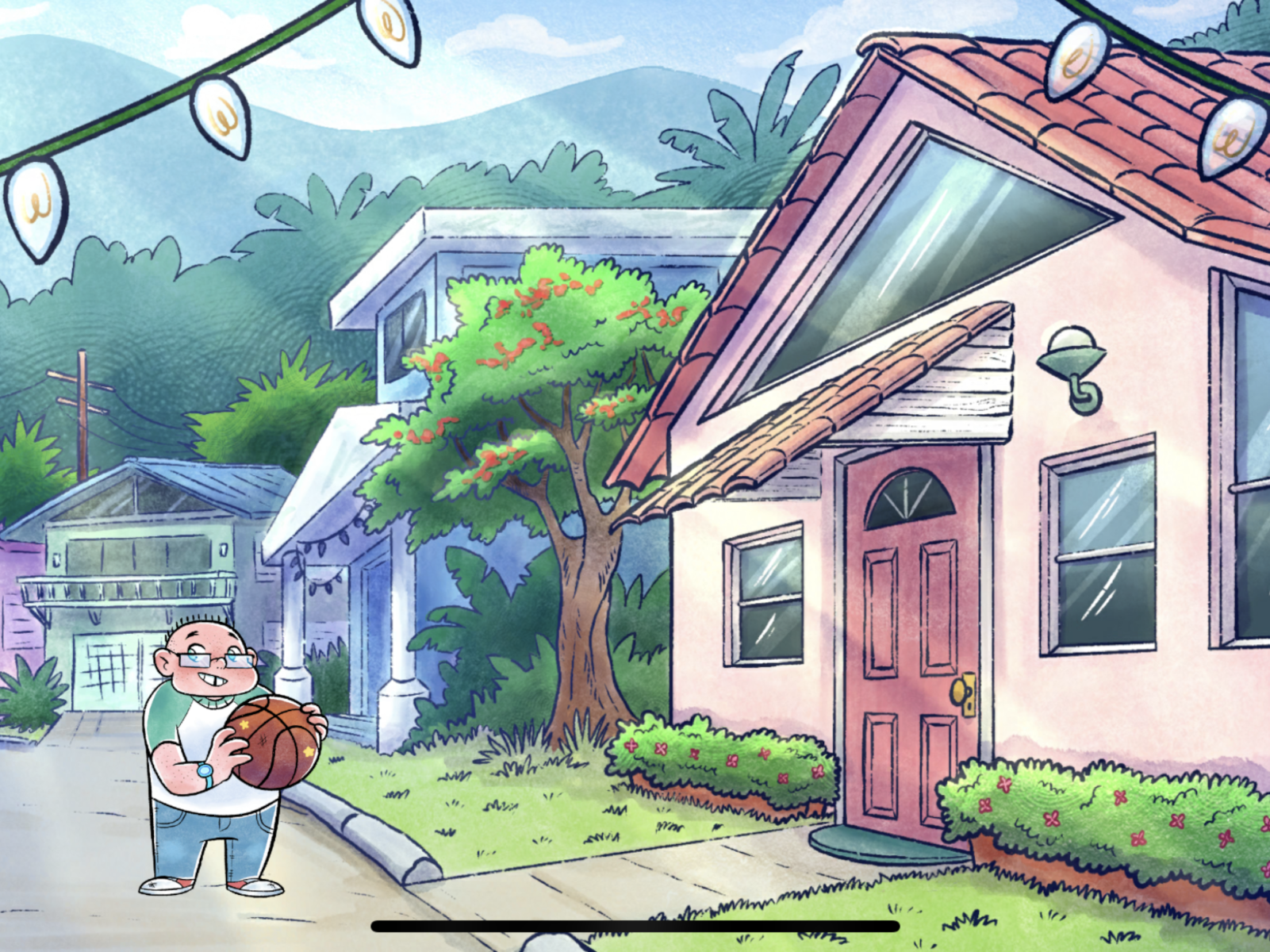 An animated boy standing outside a house on a quiet street