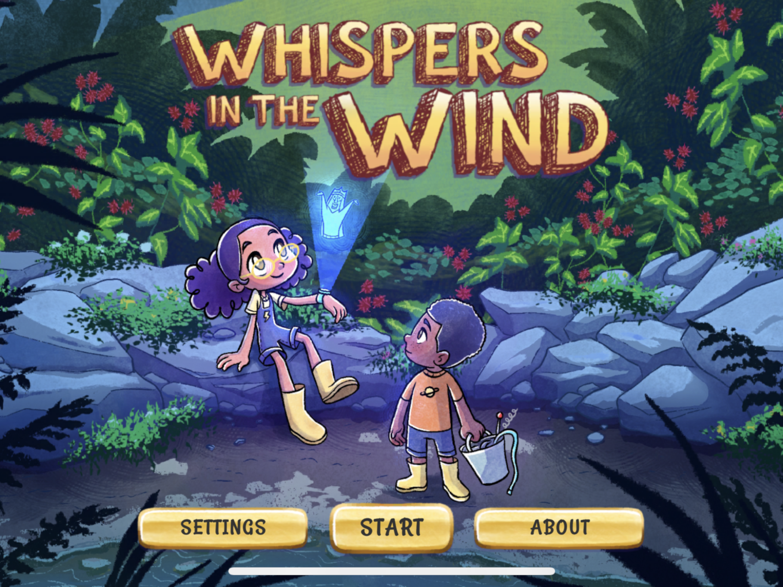 In this splash screen for the game, two animated kids sit in a forest looking at a floating hologram