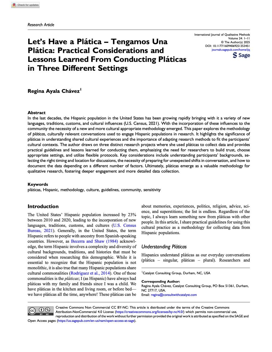 Journal article first page Let’s Have a Plática – Tengamos Una Plática: Practical Considerations and Lessons Learned From Conducting Pláticas in Three Different Settings