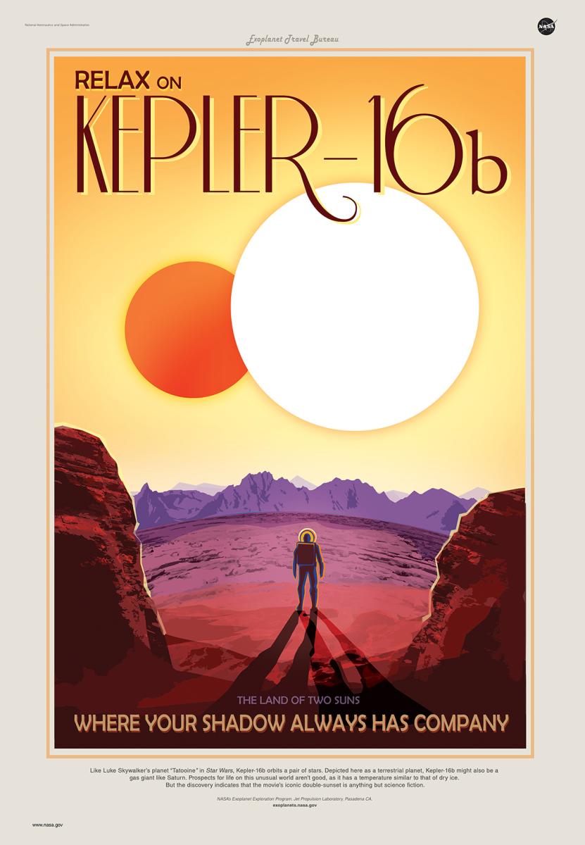 Illustration of a NASA travel poster depicting an alien world with an astronaut on a planet that has two suns