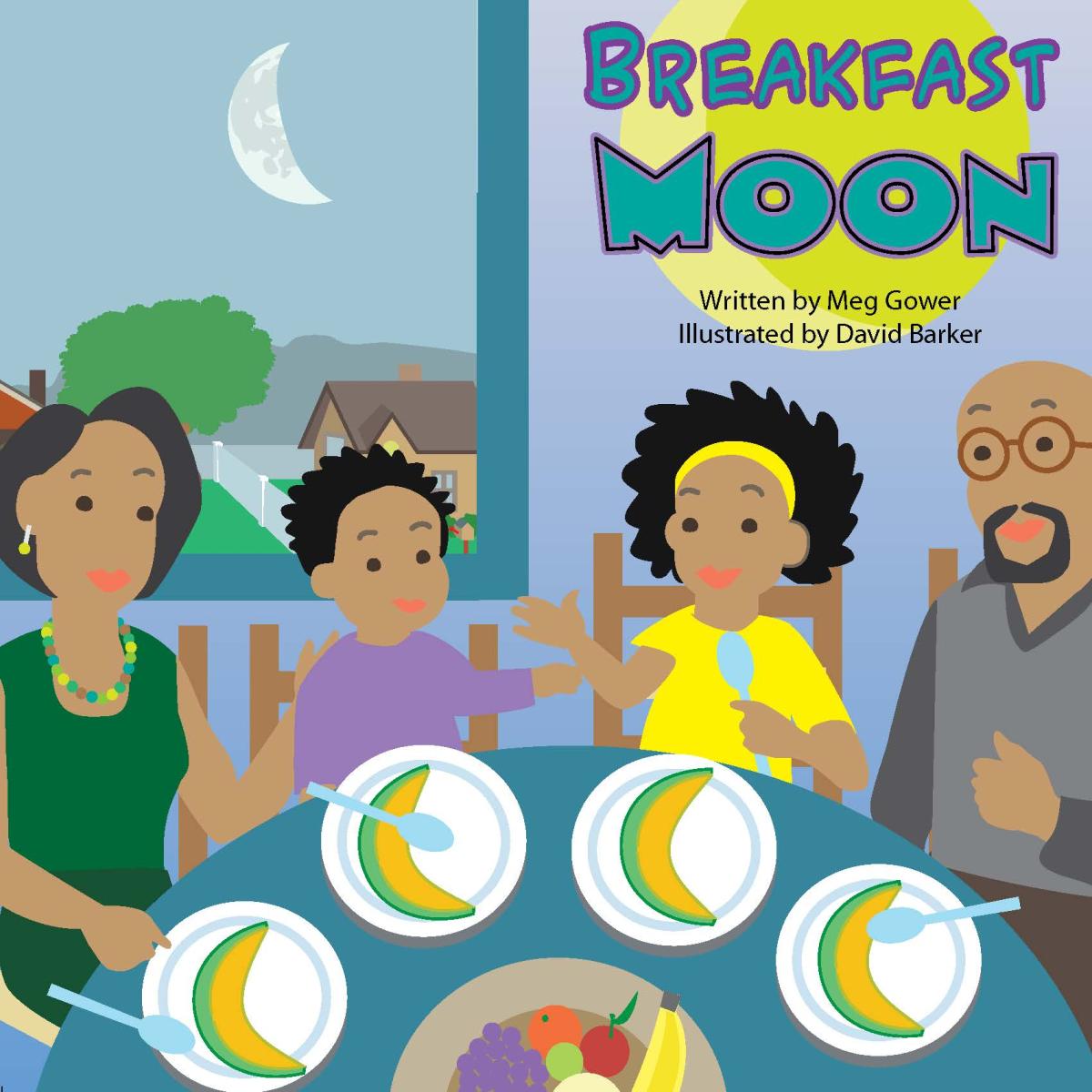 Book cover from the Break Moon Book featuring an illustration of of a family at a dinner table eating fruit