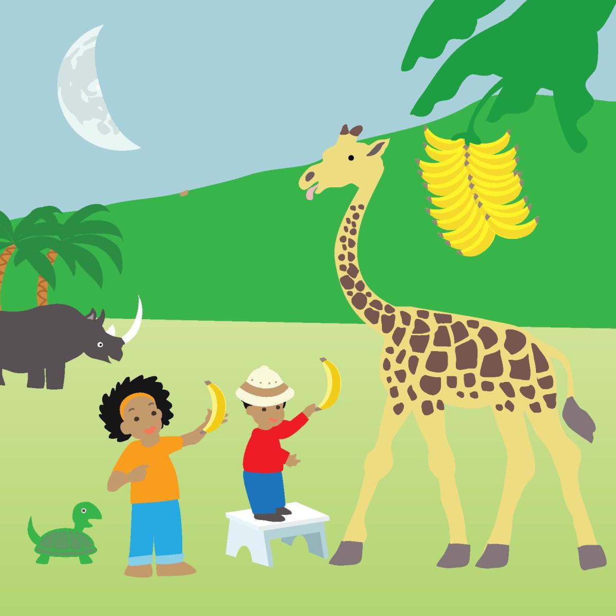 Illustration from the Breakfast Moon book featuring two kids offering a banana to a giraffe