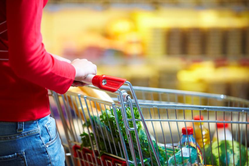 close up of a grocery store shopper with various groceries in their cart
