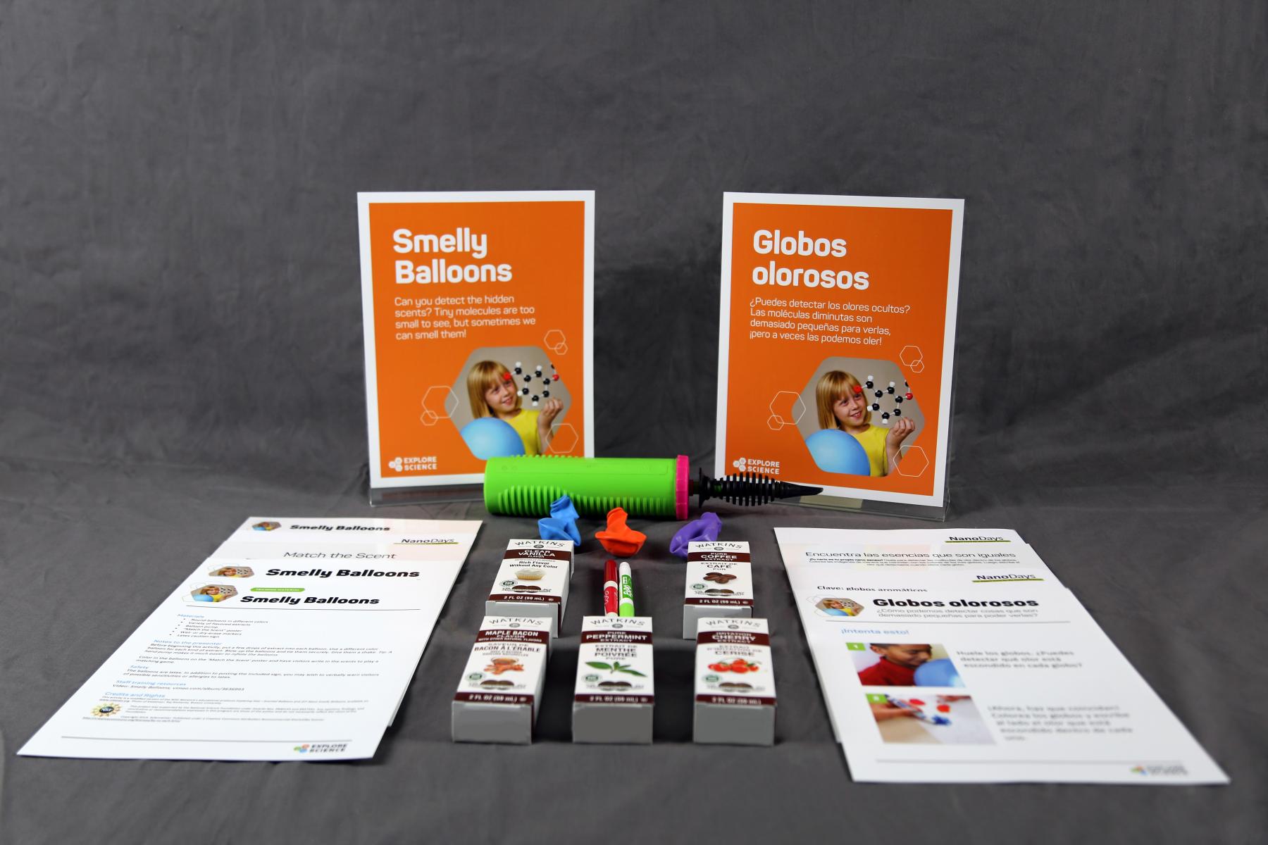 A layout of the components to the Smelly Balloons activity, including balloons, scented oils, worksheets and more