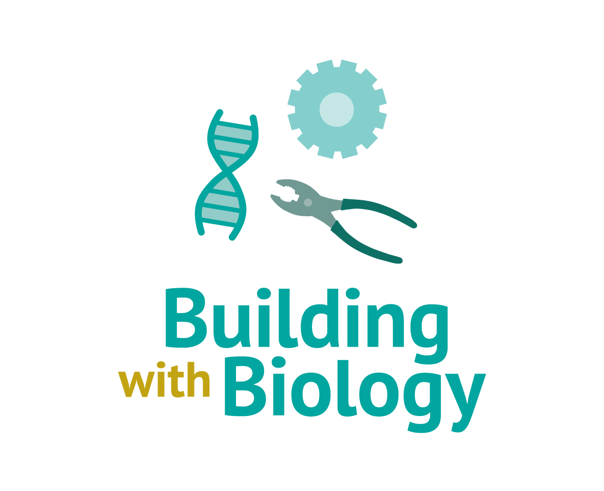 Building with Biology full color squared logo featuring illustrations of DNA, a gear and a set of pliers