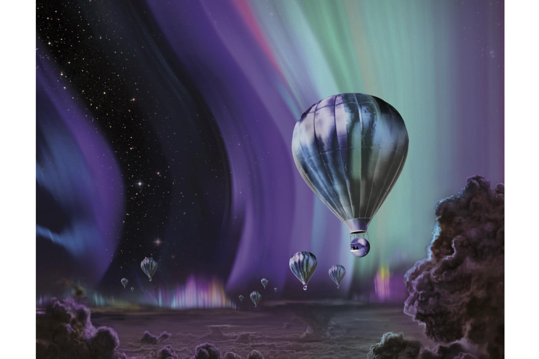 Illustration of a NASA travel poster depicting an alien world with balloon crafts in a cloudy atmosphere
