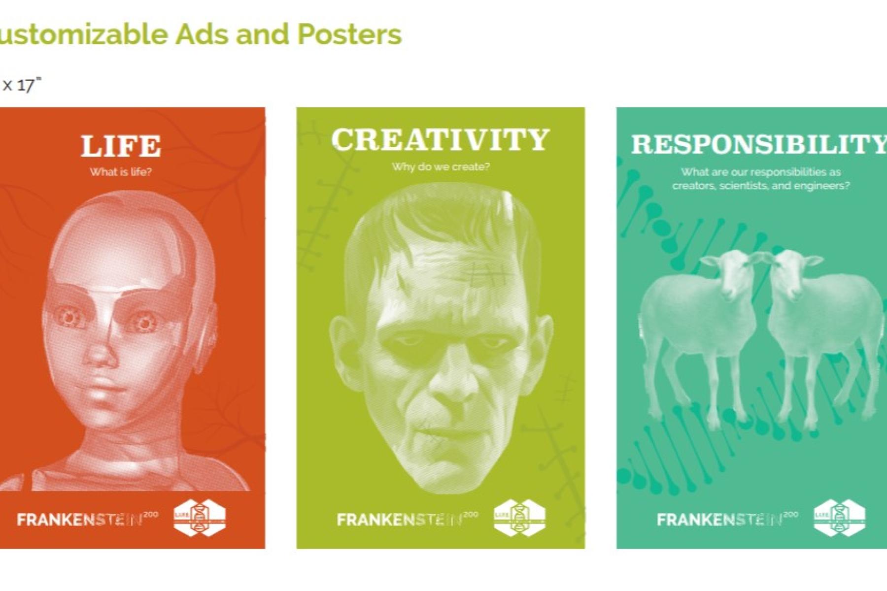 A screen shot of multiple promotional posters in various art styles, one poster depicts a robot, another depicts Frankenstein's monster, and the last one depicts a sheep and it's clone
