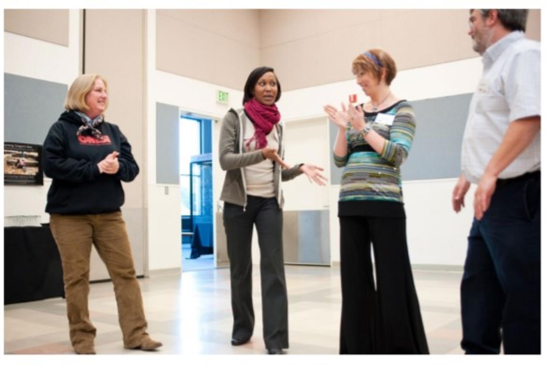 Three photos of professional museum educators participating in group training activities
