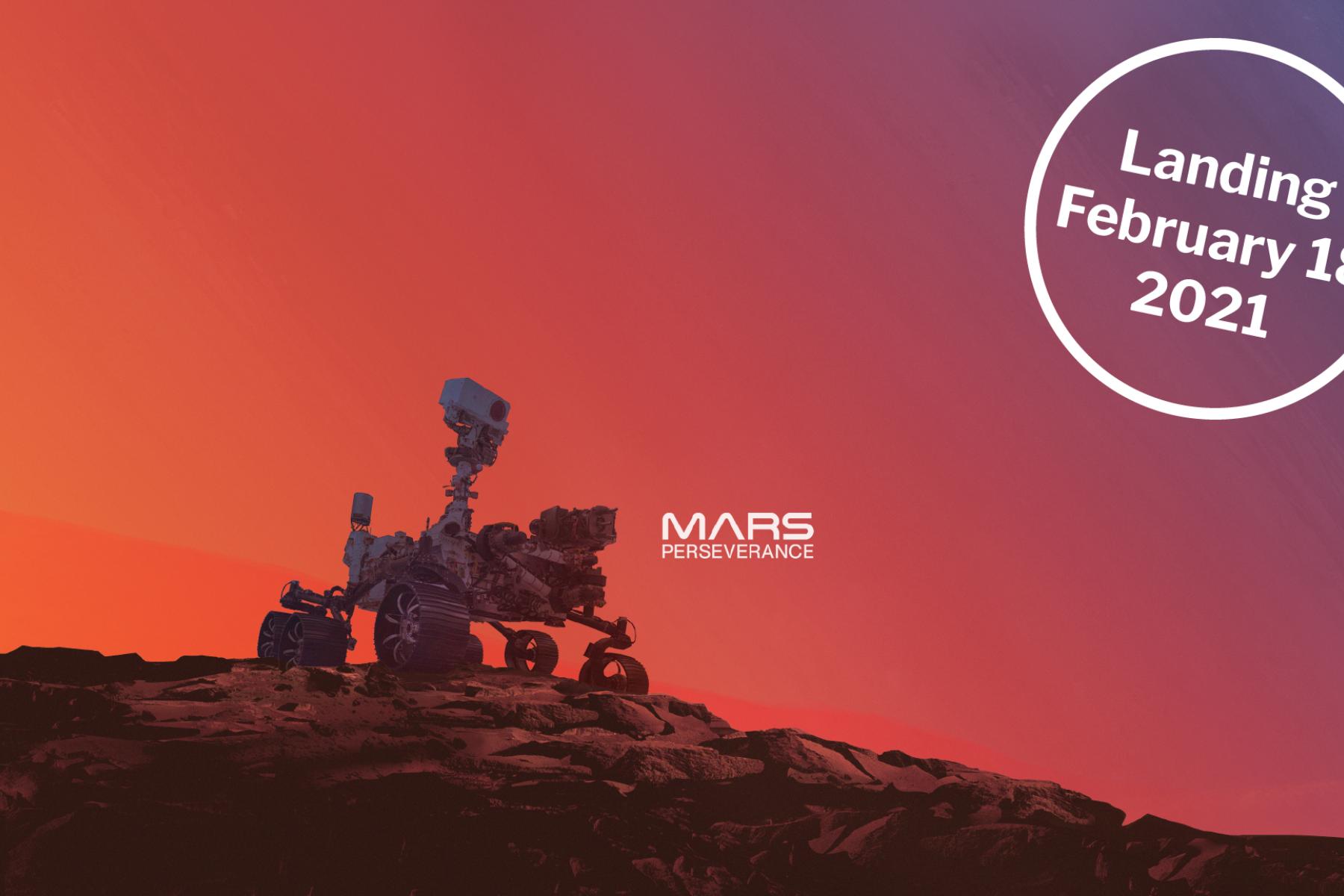 Mars Perseverance landing graphic with landing date