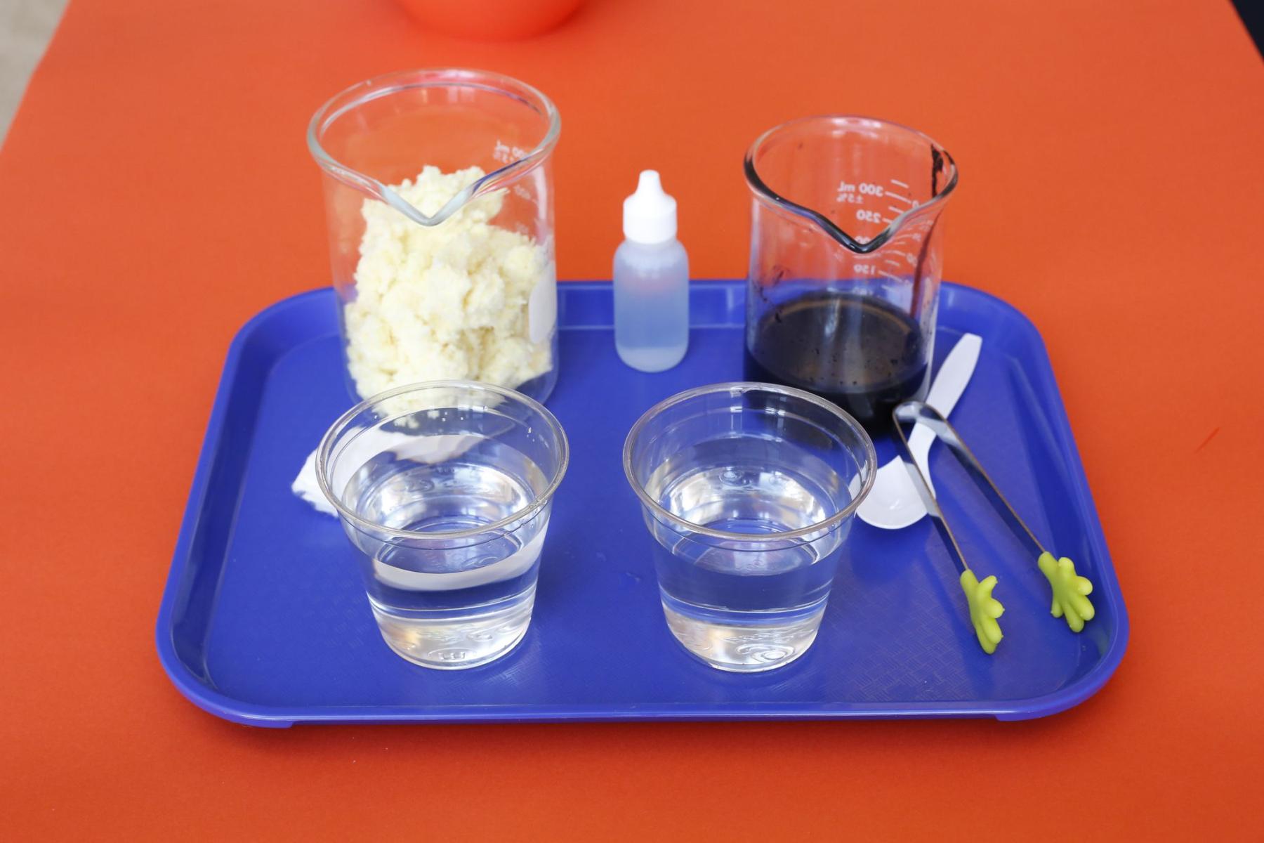 Chemistry oil spill activity materials with dye absorbent cups and tongs