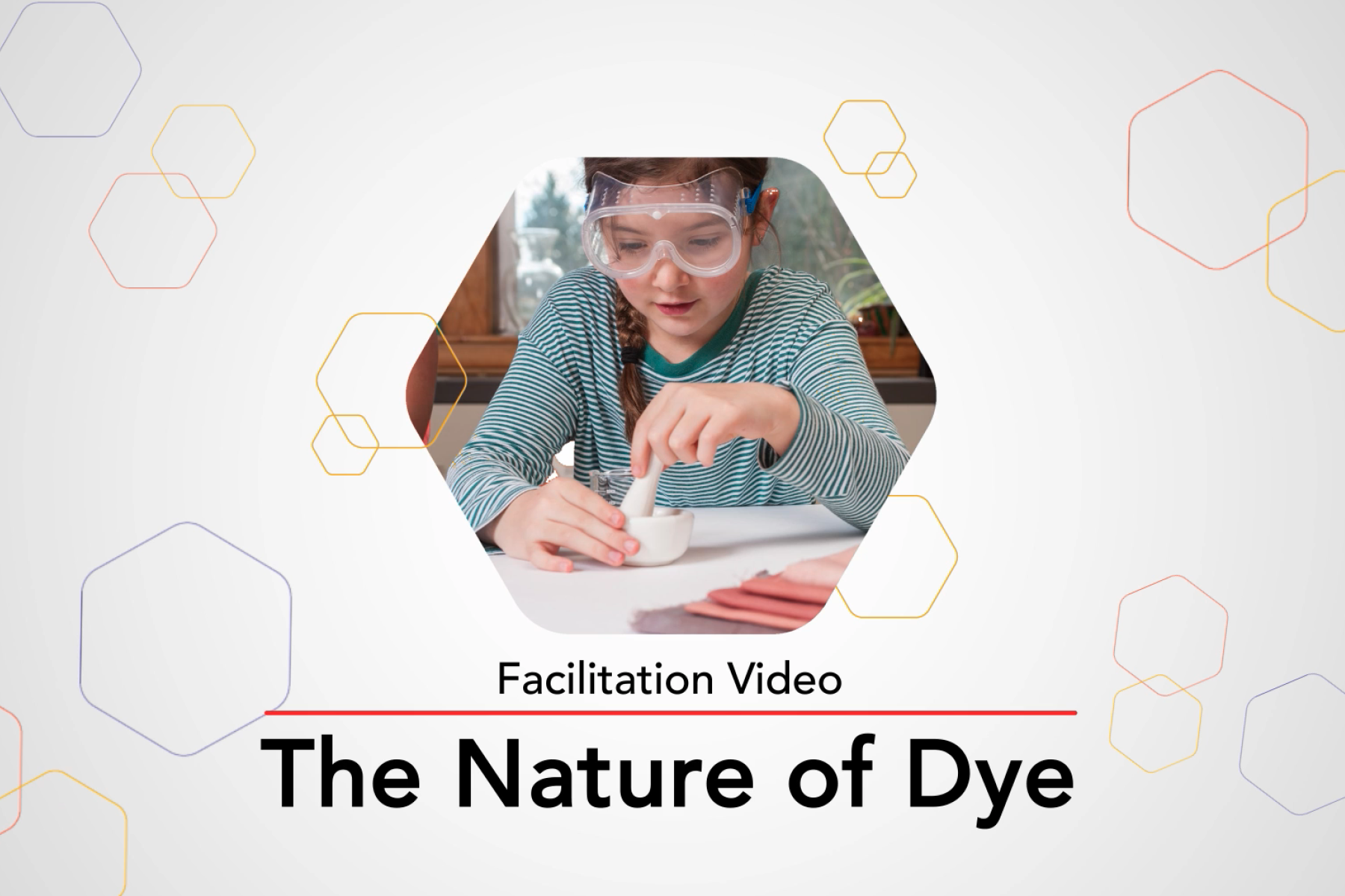 Screenshot of an opening slide for a video featuring a young learner crushing dye powder