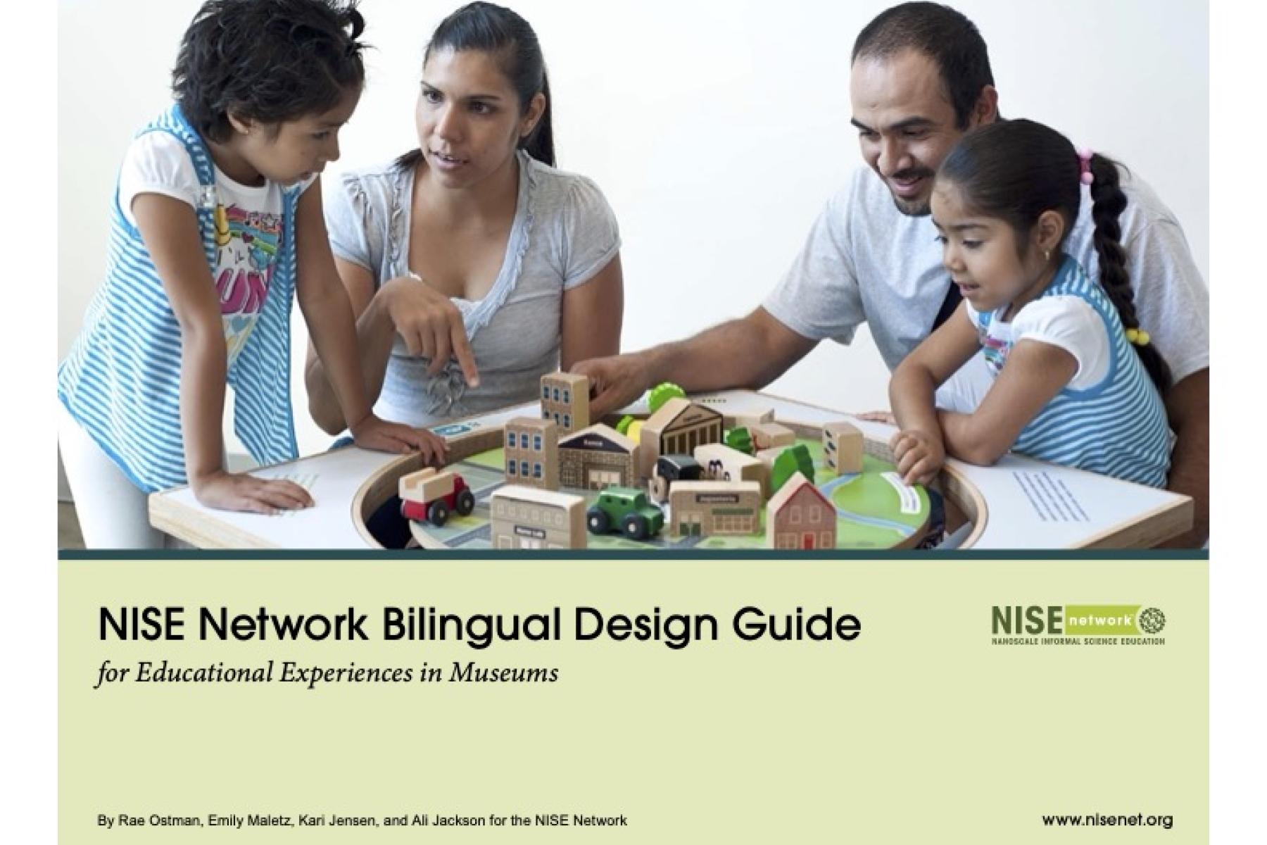 Bilingual Design Guide cover showing Latino family having conversation about an exhibit