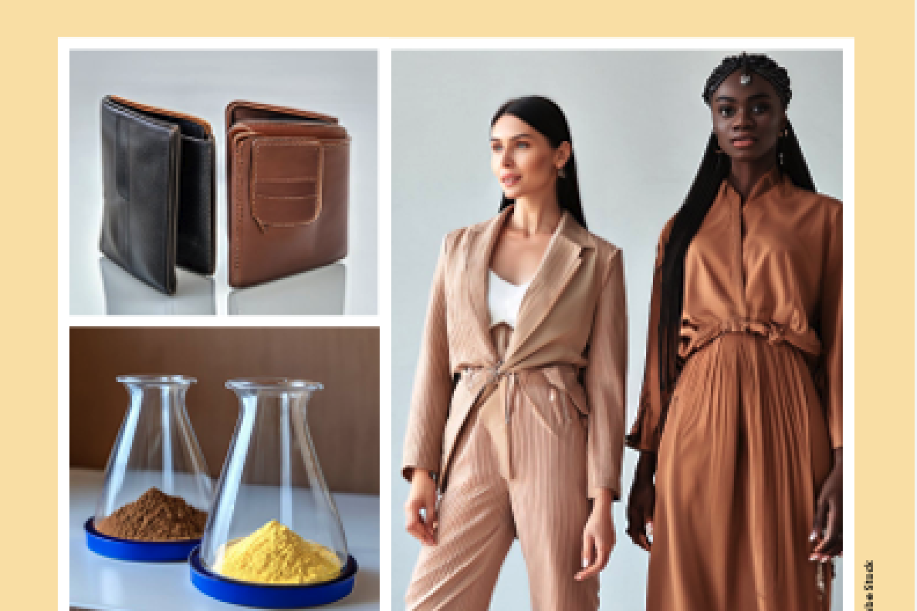 The "Bioengineered Apparel" card from the new set of Tech Token cards, shows three images: two leather/synthetic leather wallets, two beaks with brown and gold powder inside, and two women wearing similar shades of browns and gold