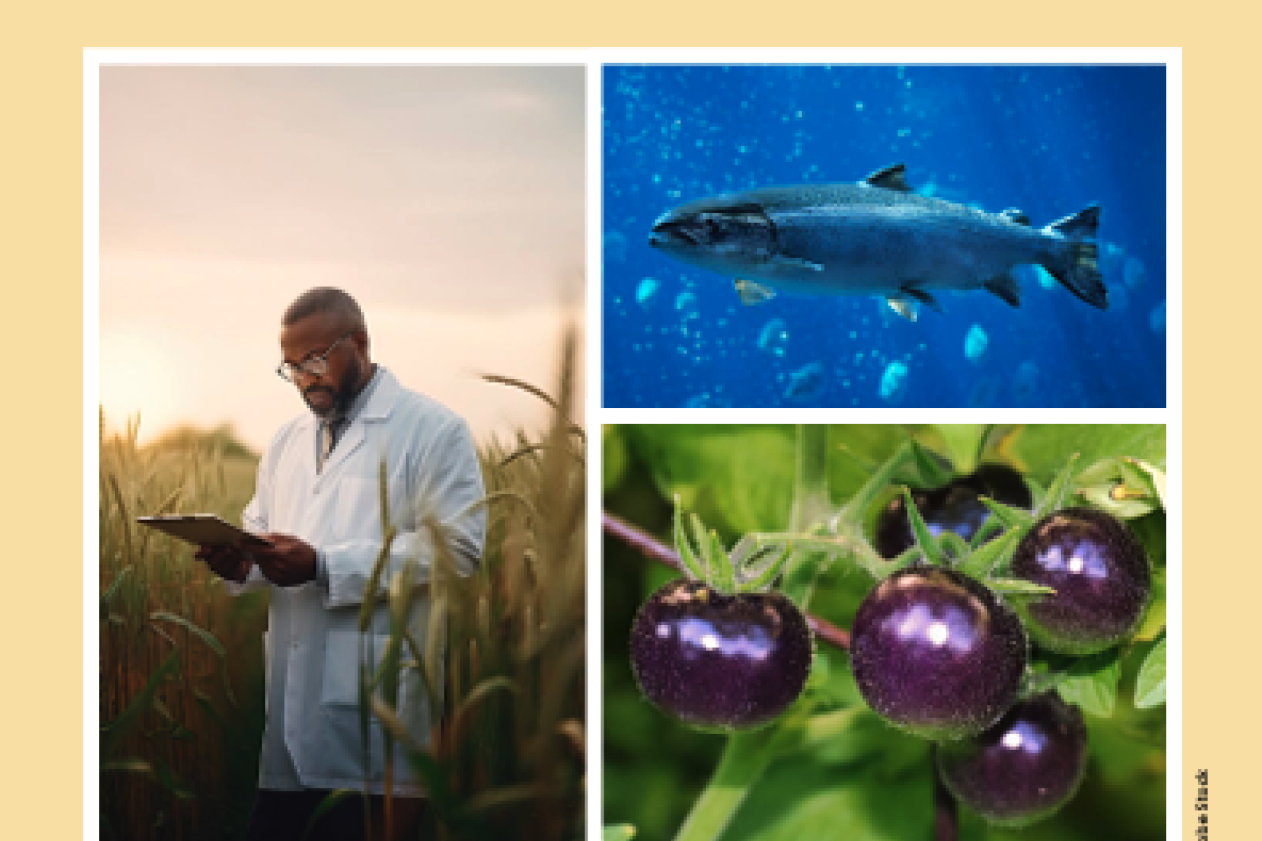 The "Engineered Foods" card from the new set of Bio Bistro cards, shows three images: a scientist in a field, a fish underwater, and a closeup of grapes on the vine